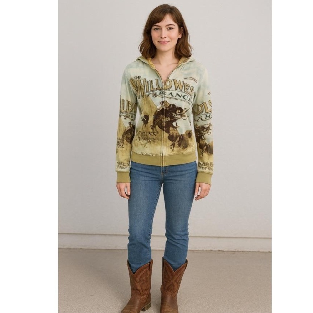 French Postcards Multicolor WildWest Ranch Print ZipUp Long Sleeve Hoodie Medium